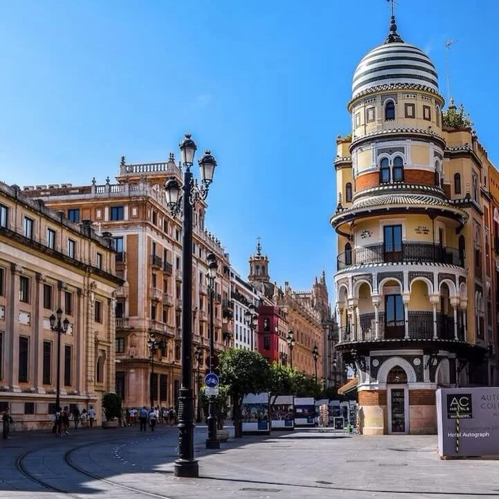 Street level view of the road and some buildings in the city centre