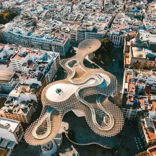 An aerial view of the Metropol Parasol and some of the city buildings